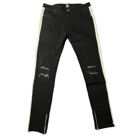 Men’s Skinny Jeans with White Side Stripes and Ripped Knees - Picture 1 of 2